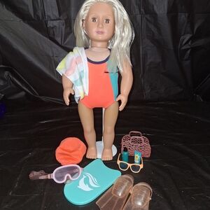 Kids Swim Doll with Orange & Teal Swimsuit and Beach Accessories